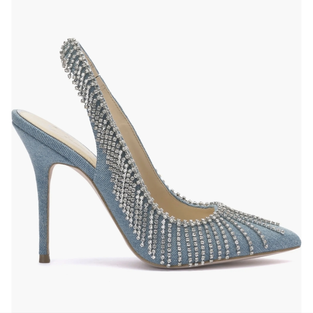 Jessica Simpson Wisela Blue Denim Fringe Rhinestone Stiletto